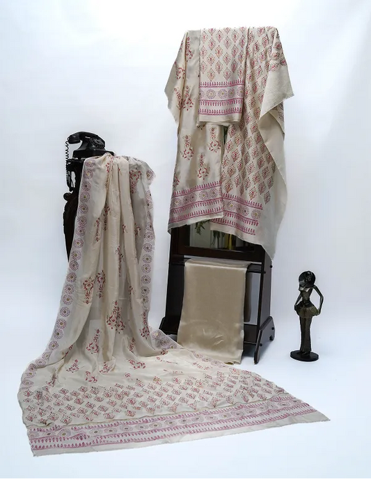 Beige three-piece block printed tissue silk suit