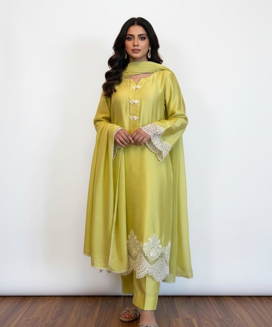 Lime Yellow Pure Cotton net Suit