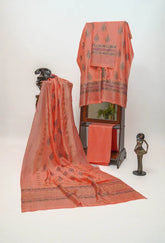 Coral pink three-piece block printed tussel silk suit