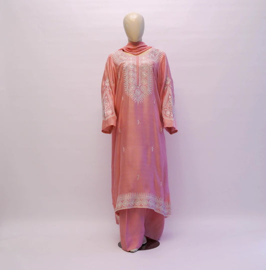 Cotton net embroidered pink three-piece suit