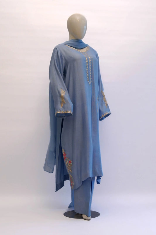 Cotton net Ice Blue three-piece suit