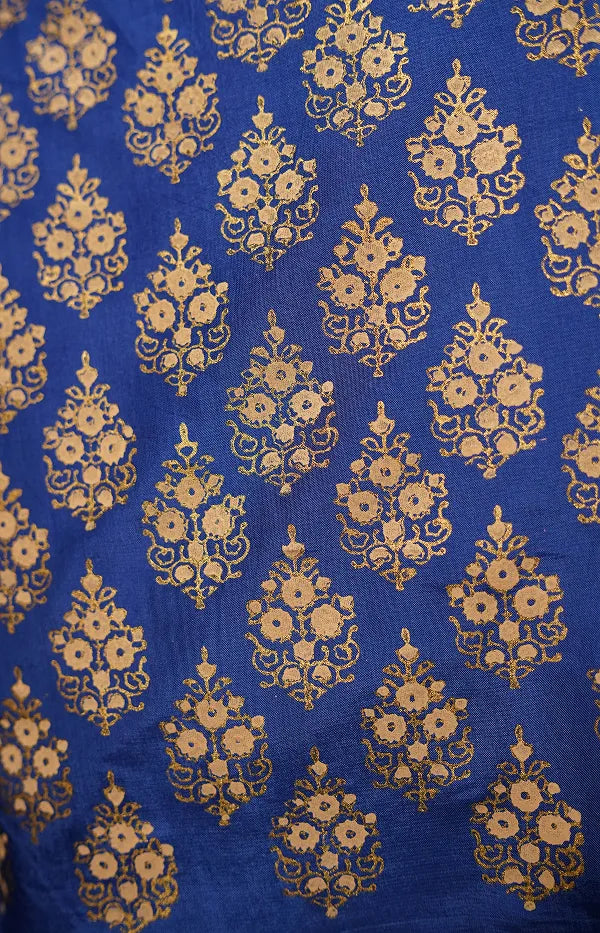 Deep royal blue three-piece block printed tussel silk suit