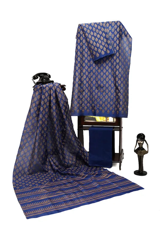 Deep royal blue three-piece block printed tussel silk suit