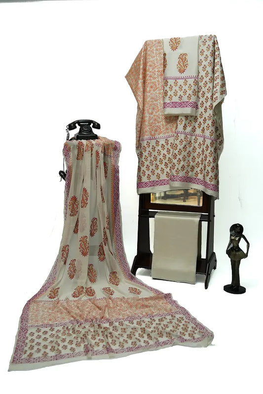 Ivory block printed three-piece tissue silk suit