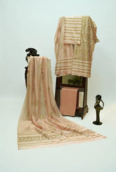 Light pink three-piece block printed tussel silk suit