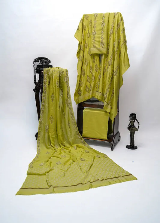 Lime yellow three-piece block printed pure cotton net suit