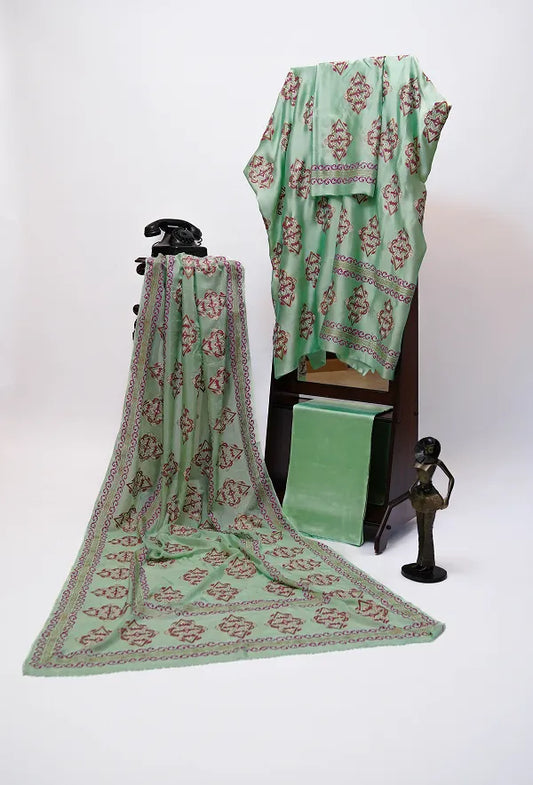 Mint green three-piece block printed tissue silk suit