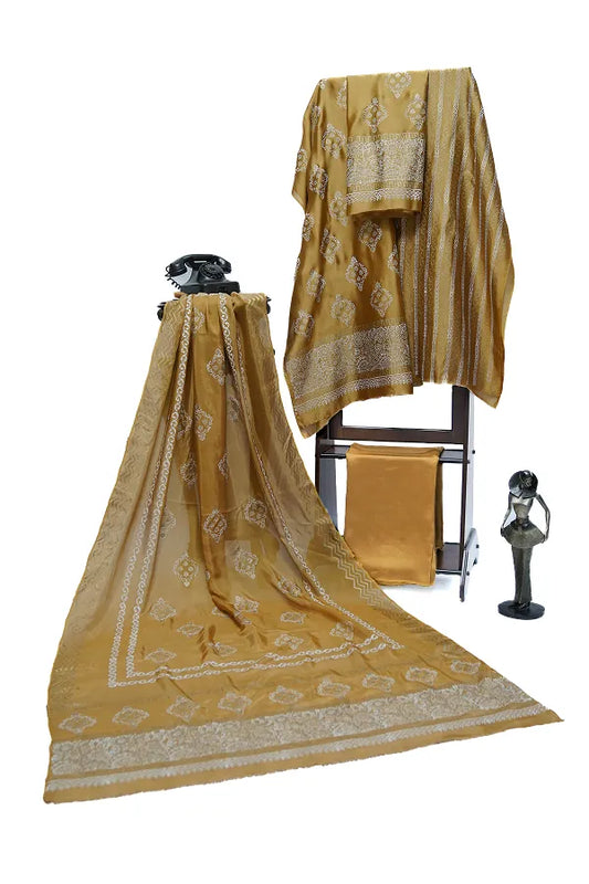 Mustard brown block printed three-piece tissue silk suit