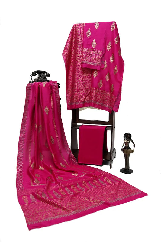 Shocking pink three-piece block printed tussel silk suit