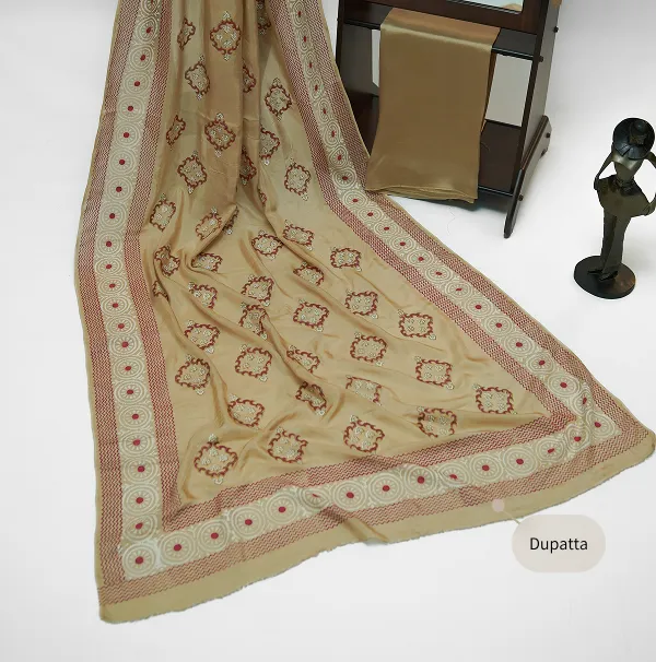 Beige-brown three-piece block printed tissue silk suit