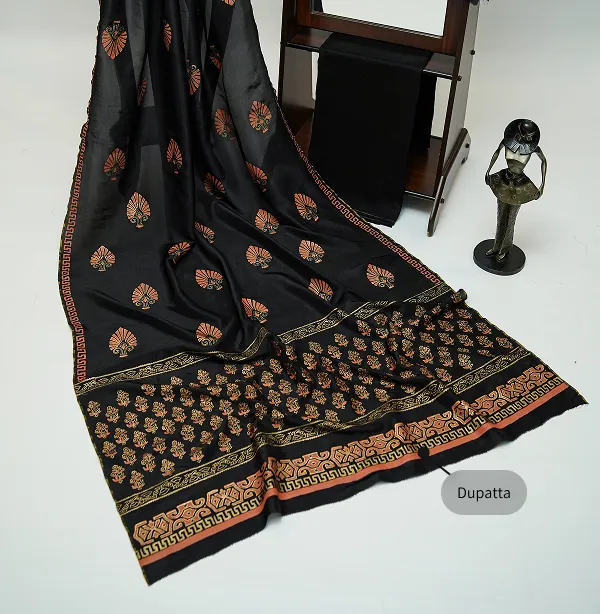 Black three-piece block printed tussel silk suit