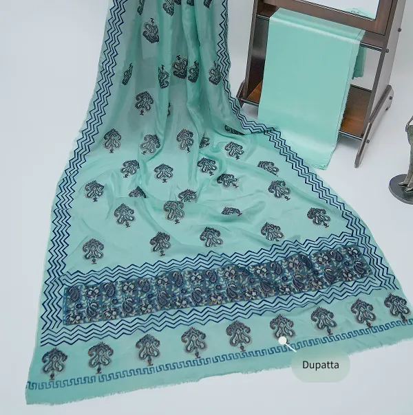 Aqua blue three-piece block printed tissue silk suit