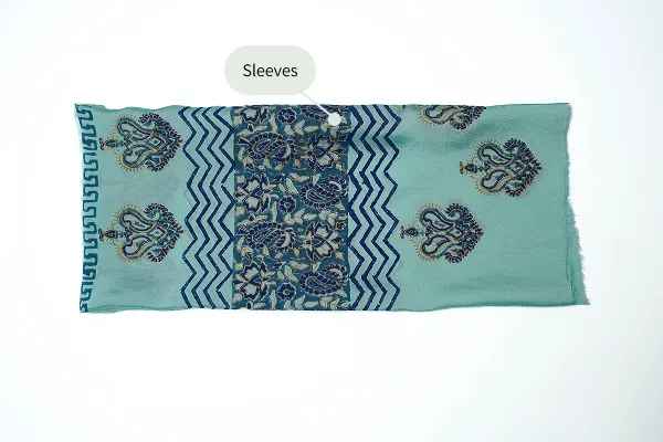 Aqua blue three-piece block printed tissue silk suit