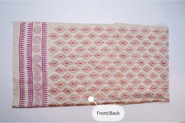 Beige three-piece block printed tissue silk suit