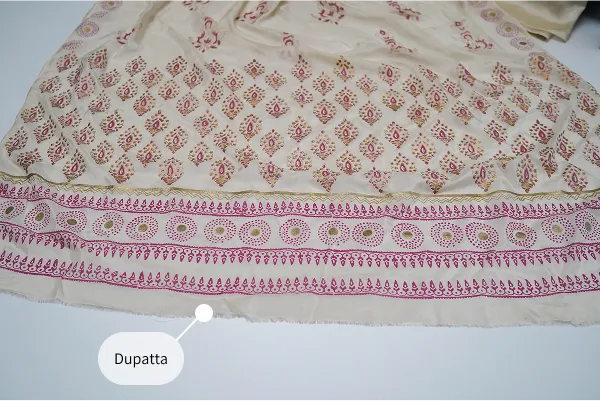 Beige three-piece block printed tissue silk suit