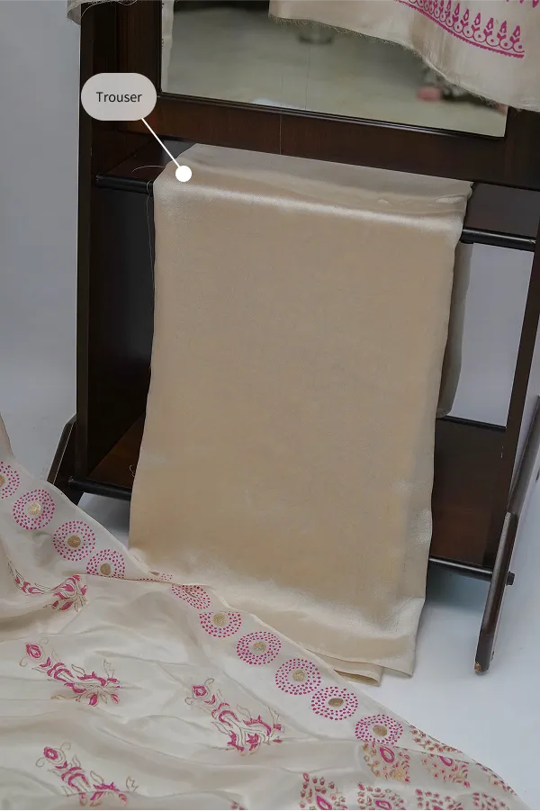 Beige three-piece block printed tissue silk suit