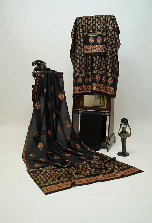 Black three-piece block printed tussel silk suit