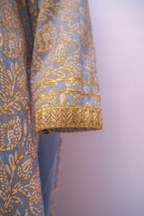 Blue-grey Silk lawn screen printed three-piece suit