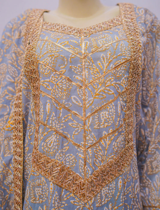 Blue-grey Silk lawn screen printed three-piece suit
