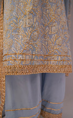 Blue-grey Silk lawn screen printed three-piece suit