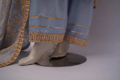 Blue-grey Silk lawn screen printed three-piece suit