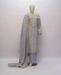 Blue-grey Silk lawn screen printed three-piece suit