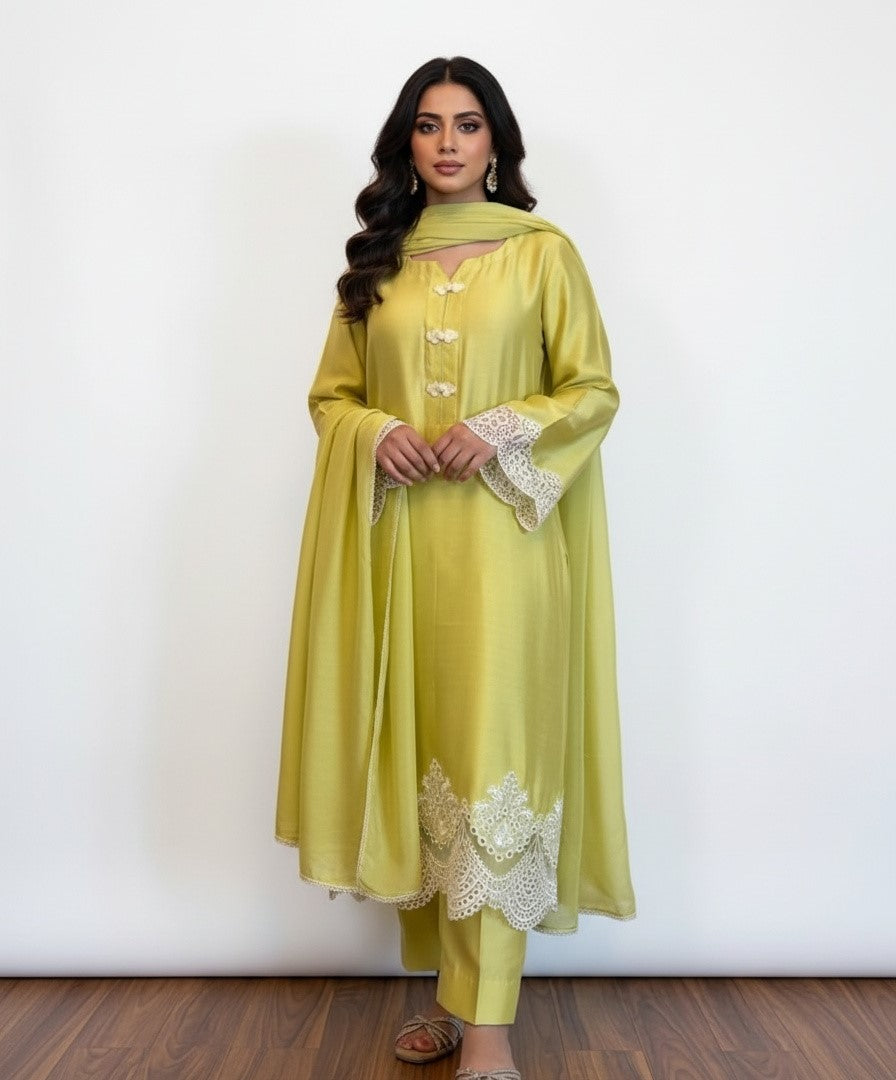Lime Yellow Pure Cotton net Suit