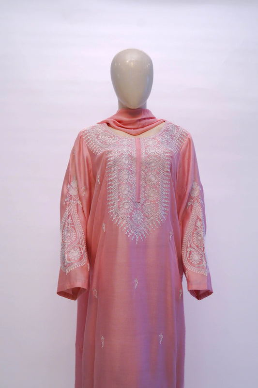 Cotton net embroidered pink three-piece suit