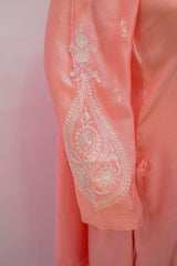 Cotton net embroidered pink three-piece suit