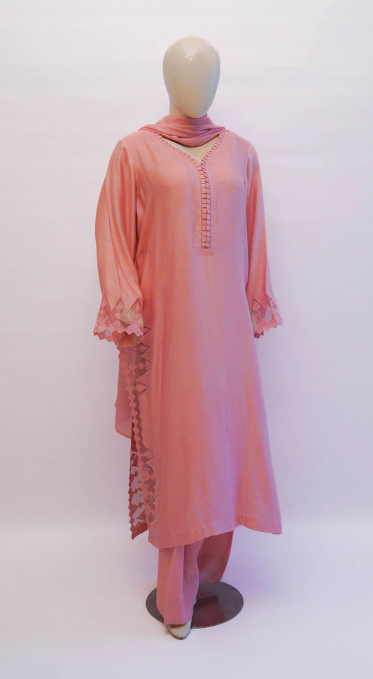 Cutwork cotton net peach-pink three-piece suit
