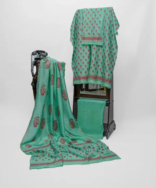 Turquoise three-piece block printed tussel silk suit