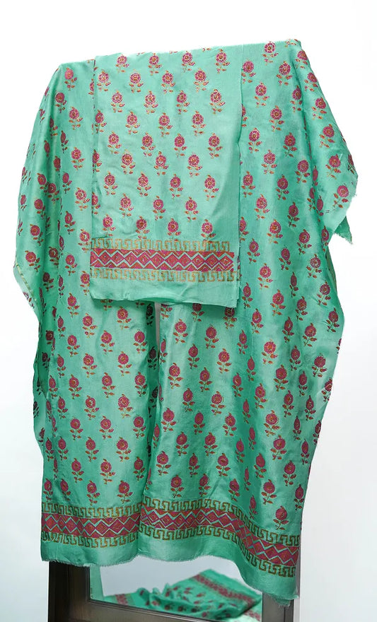 Turquoise three-piece block printed tussel silk suit