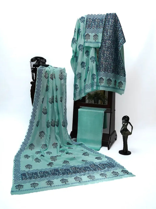 Aqua blue three-piece block printed tissue silk suit