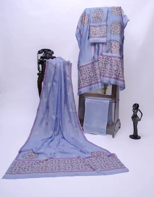 Light Lavender three-piece block printed tissue silk suit