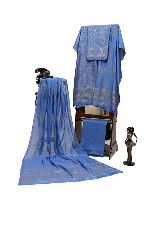 Grey-ish blue three-piece block printed pure cotton net suit