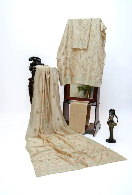 Skin three-piece block printed tussel silk suit