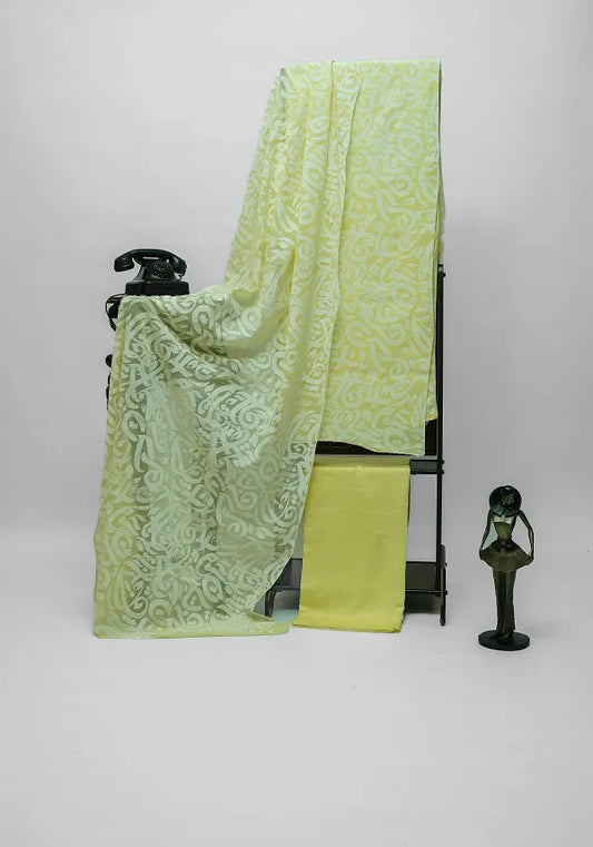 Pastel yellow three-piece block printed pure cotton net suit