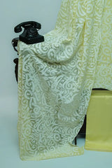 Pastel yellow three-piece block printed pure cotton net suit