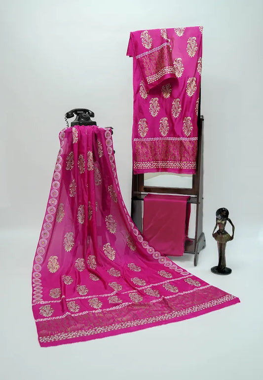 Shocking pink three-piece block printed tissue silk suit
