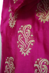 Shocking pink three-piece block printed tissue silk suit