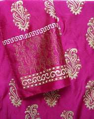 Shocking pink three-piece block printed tissue silk suit