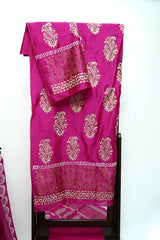 Shocking pink three-piece block printed tissue silk suit