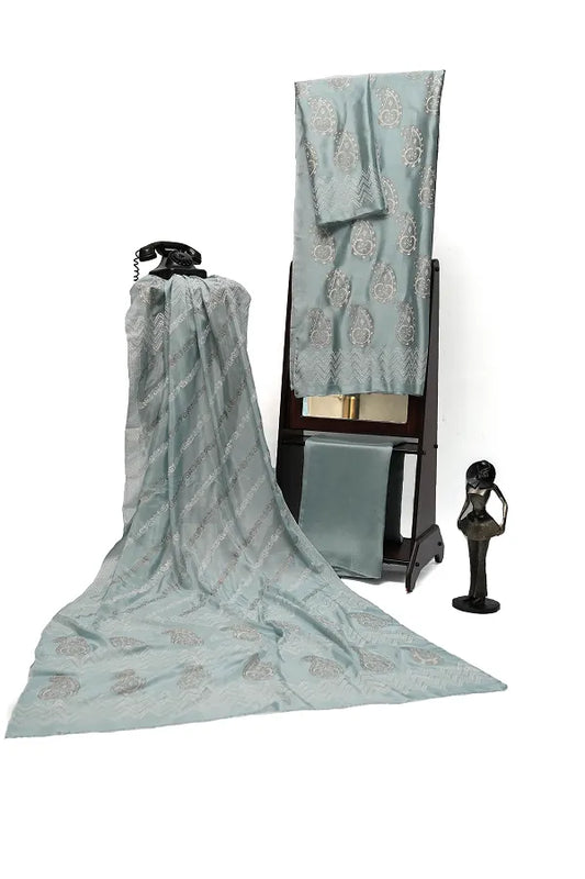 Ice blue block printed three-piece tissue silk suit