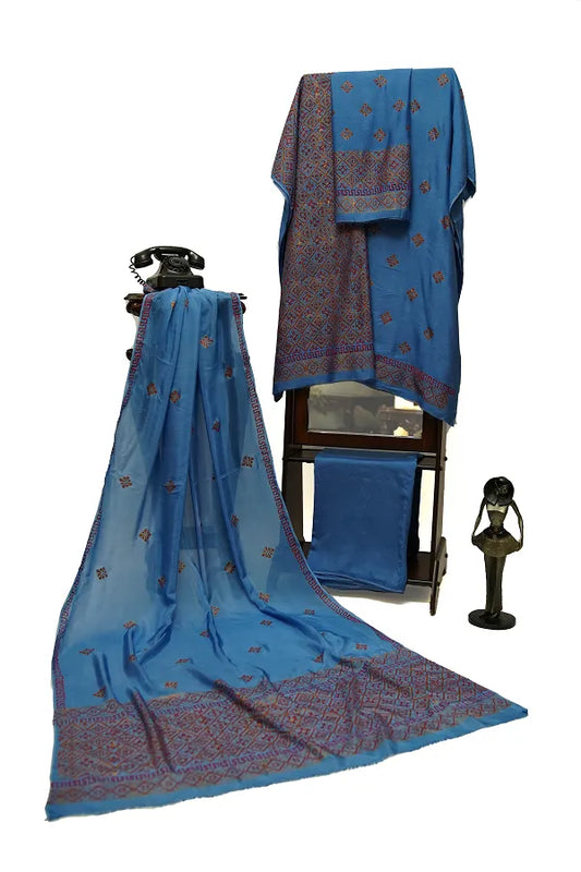 Denim blue three-piece block printed pure cotton net suit
