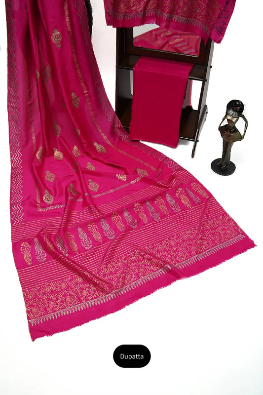 Shocking pink three-piece block printed tussel silk suit