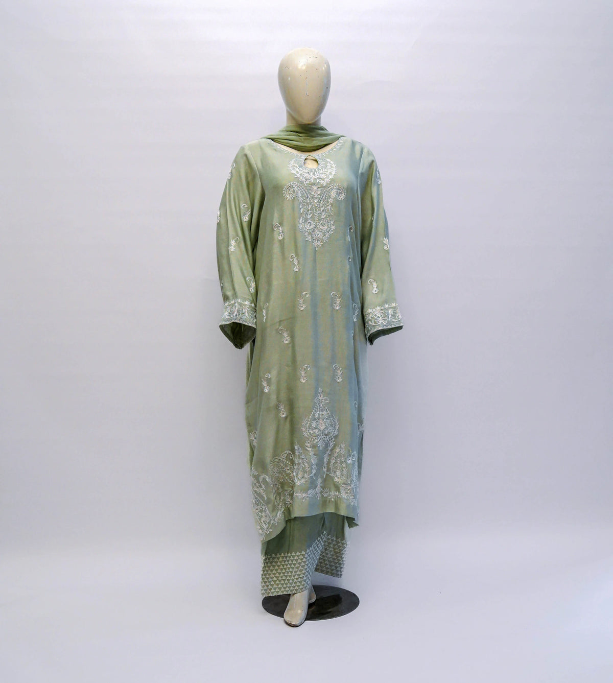 Embroidered cotton net pistachio-green three-piece suit
