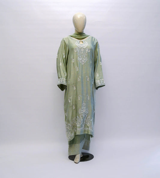 Embroidered cotton net pistachio-green three-piece suit
