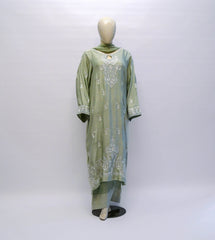 Embroidered cotton net pistachio-green three-piece suit