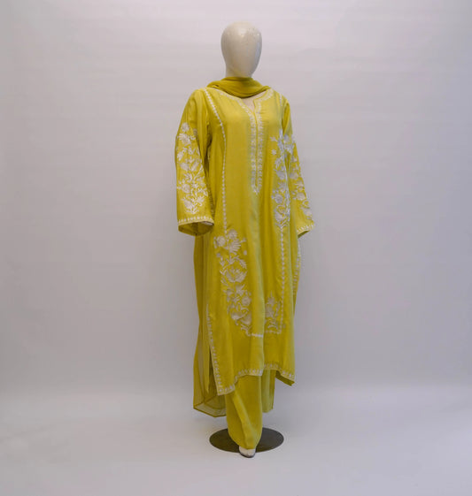 Embroidered cotton net lemon-yellow three-piece suit