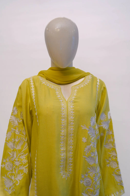 Embroidered cotton net lemon-yellow three-piece suit